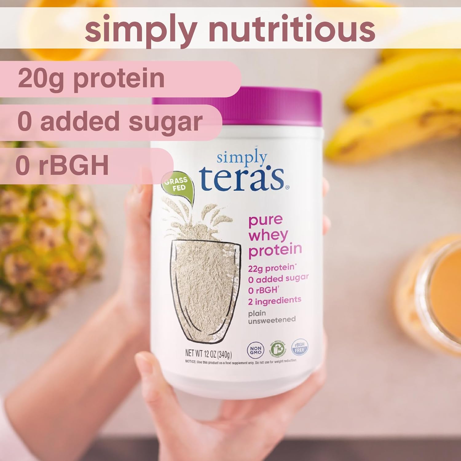 simply tera's Pure Whey Protein Powder, Unflavored, Non-GMO, Kosher - 12 Oz | Grass Fed Whey Protein Powder, Clean & Natural, Unsweetened