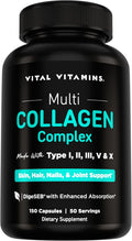 Vital Vitamins Multi Collagen Peptides Complex for Women & Men, 150 Pills | Supports Skin, Hair & Nails, 5 Collagen Types I II III V & X, Grass-Fed Non-GMO Collagen Supplements