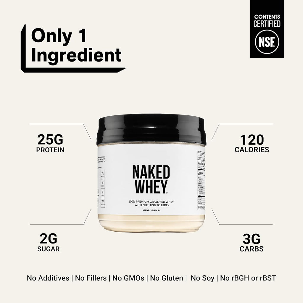 NAKED Whey 1Lb - Only 1 Ingredient, Grass Fed Whey Protein Powder, NSF Certified, Undenatured, No Gmos, No Soy, Gluten Free, Stimulate Growth, Enhance Recovery - 15 Servings