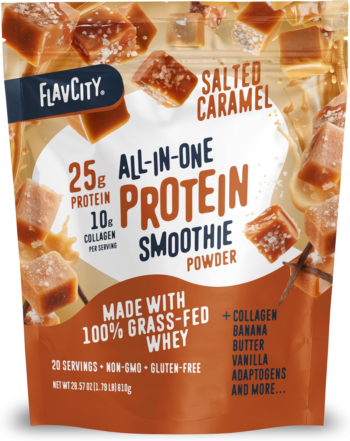 FlavCity All-in-One Protein Smoothie Powder, Salted Caramel, 20 Servings