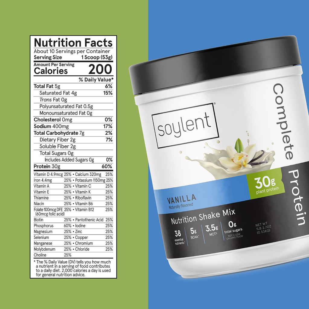 Soylent Complete Protein Powder, Vanilla, 30g Protein Shake for Muscle Growth and Recovery, BCAAs, DHA, MCT, 28 vitamins & minerals, Zero Sugar, Gluten Free, Vegan - 1.25lb
