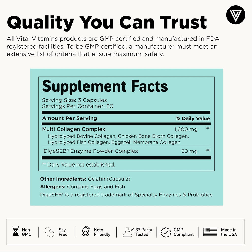 Vital Vitamins Multi Collagen Peptides Complex for Women & Men, 150 Pills | Supports Skin, Hair & Nails, 5 Collagen Types I II III V & X, Grass-Fed Non-GMO Collagen Supplements