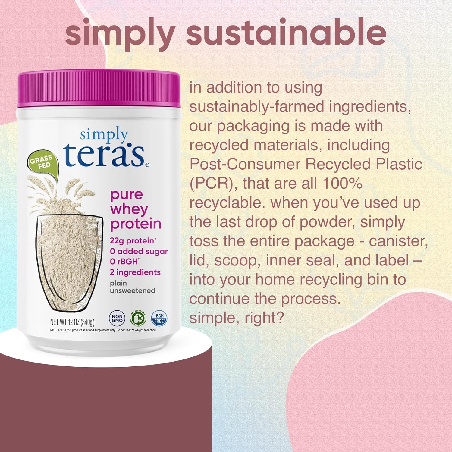 simply tera's Pure Whey Protein Powder, Unflavored, Non-GMO, Kosher - 12 Oz | Grass Fed Whey Protein Powder, Clean & Natural, Unsweetened